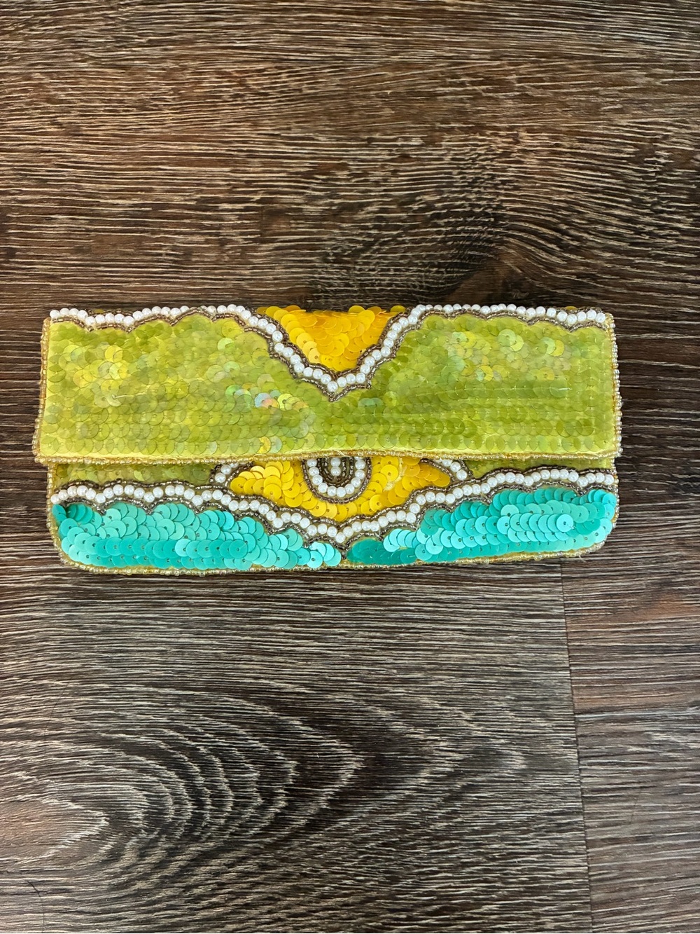 Hand-Beaded Sequined Clutch in Yellow, Turquoise